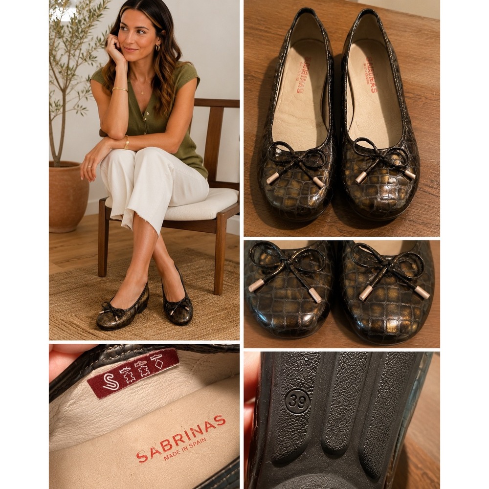 Sabrinas Made in Spain Bronze MetallicCroc Embossed Leather Ballet Flats Size 39